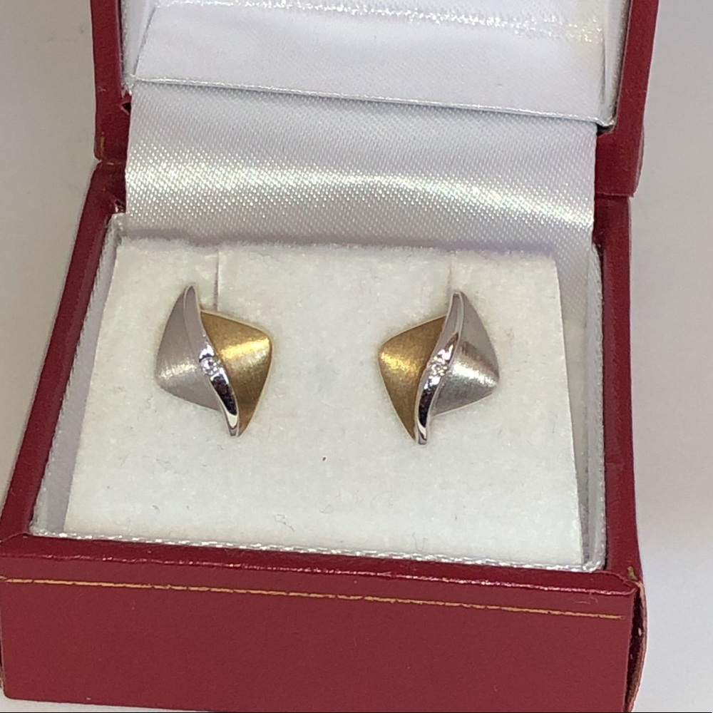 Solid Stamped 14K White & Yellow Gold Natural Diamond Modern Earrings